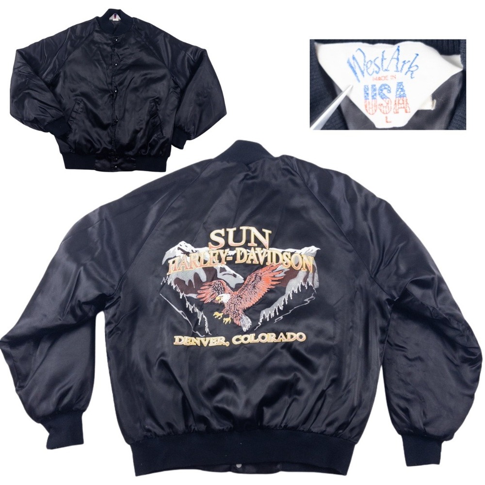 Vintage 80s Harley‎ Davidson Bomber Jacket Mens L Black Satin Sun Eagle WestArk
